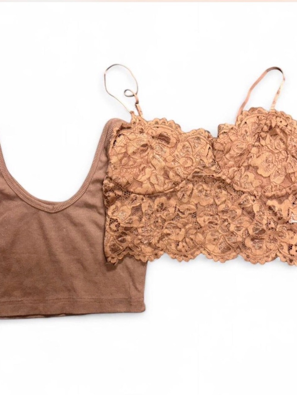 SHEIN Brown Lace and Ribbed Camisole Set